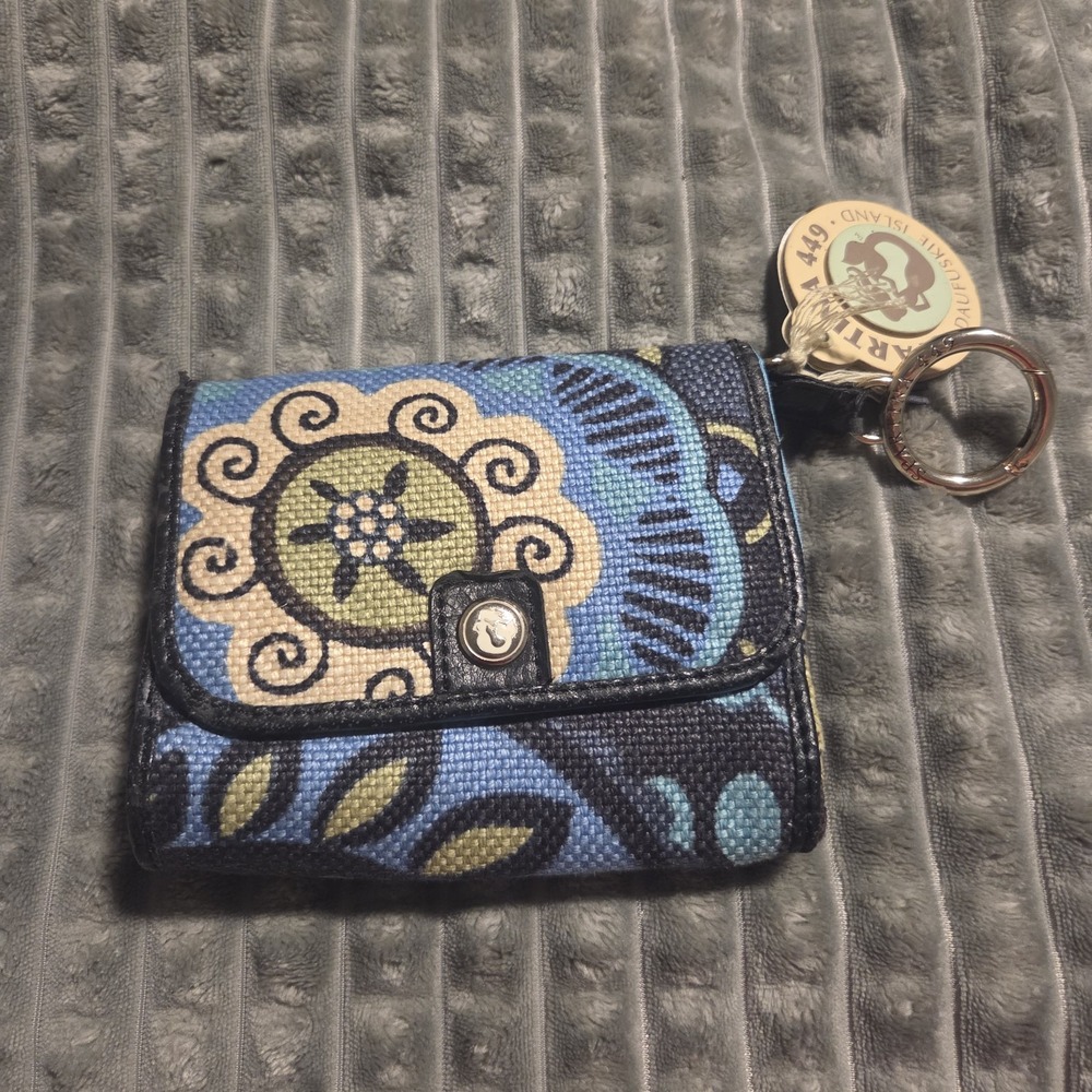 Spartina 449 Bohemian Blue Green Floral Linen Leather Snap Wallet Key Ring